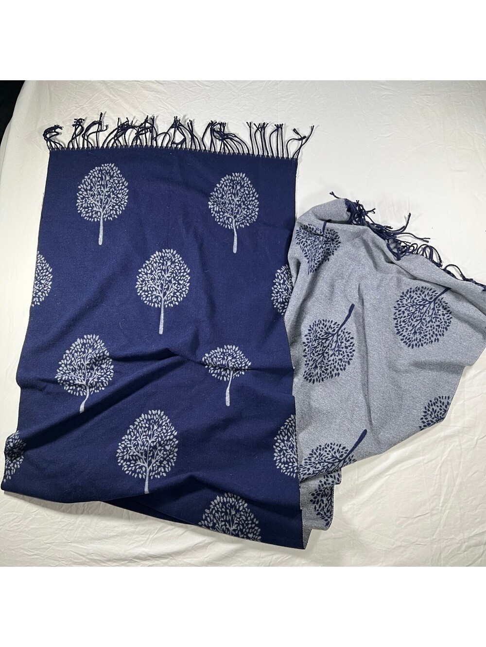 Navy Gray Reversible Tree of Life Fringe Scarf Wrap Shawl